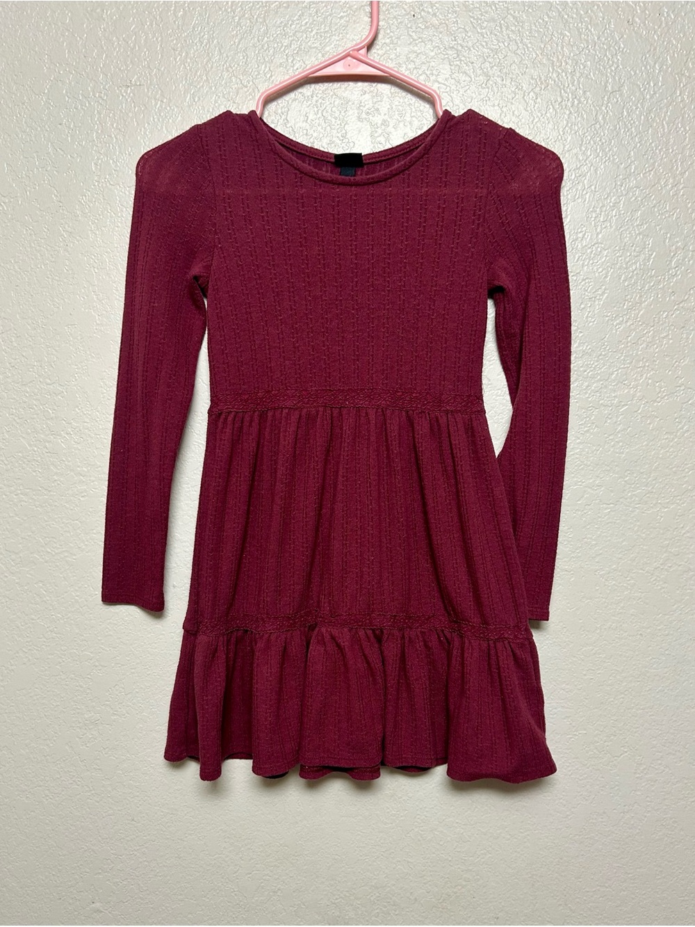 Girls' Long Sleeve Ribbed Tiered Dress - Burgundy